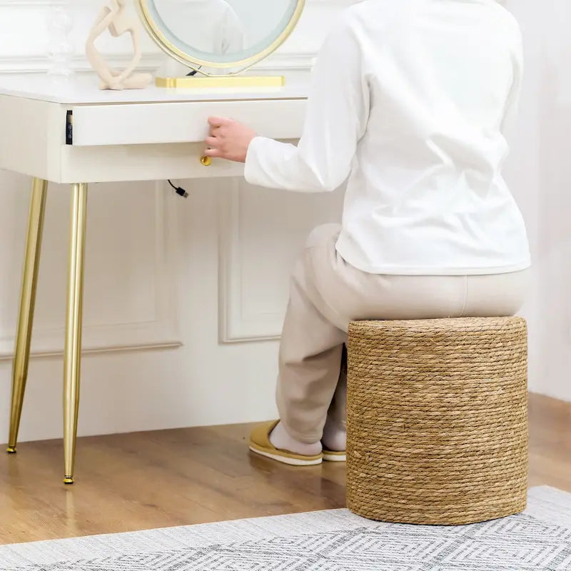 Round Ottoman Natural Cattail Hand Weave Foot Stool
