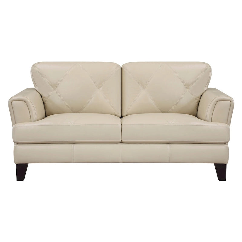 71 Inch Loveseat, Cream Top Grain and Split Leather Brown Solid Wood