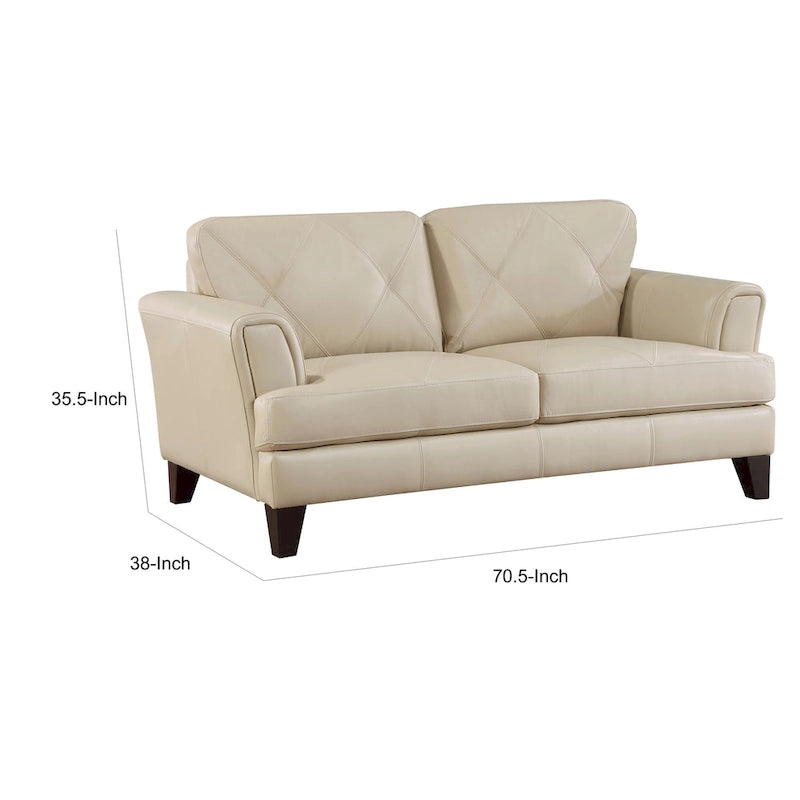 71 Inch Loveseat, Cream Top Grain and Split Leather Brown Solid Wood