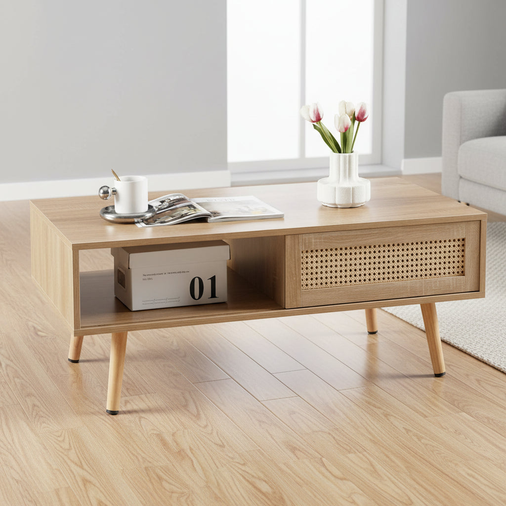 Modern Coffee Table, Rectangle Wooden Coffee Table with Rattan Woven Door Panel and Solid Wood Legs