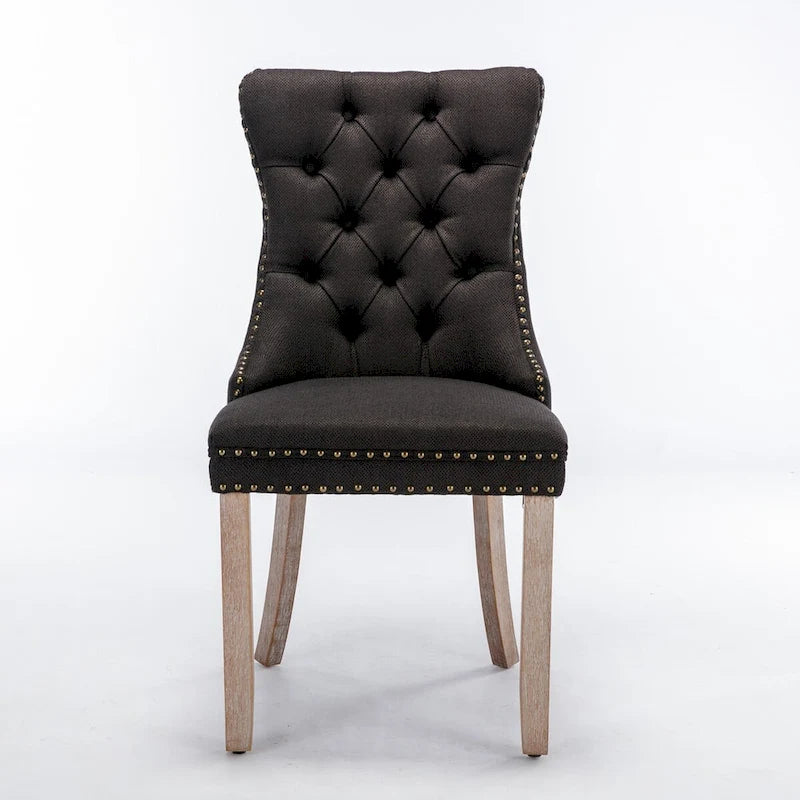 High-end Tufted Solid Wood Contemporary Flax Upholstered Linen Dining Chair with Wood Legs Nailhead Trim 2-Pcs Set