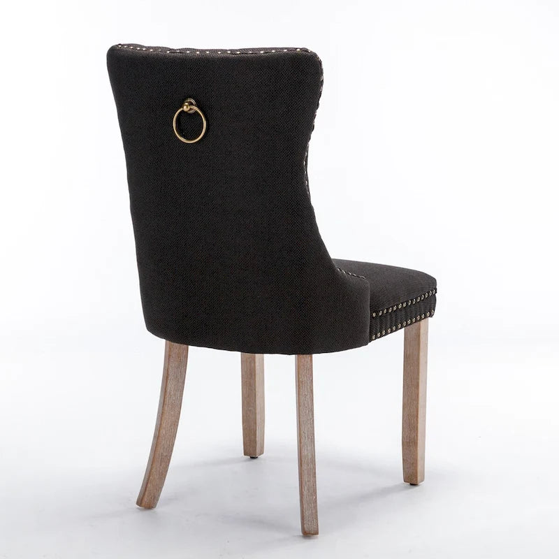 High-end Tufted Solid Wood Contemporary Flax Upholstered Linen Dining Chair with Wood Legs Nailhead Trim 2-Pcs Set