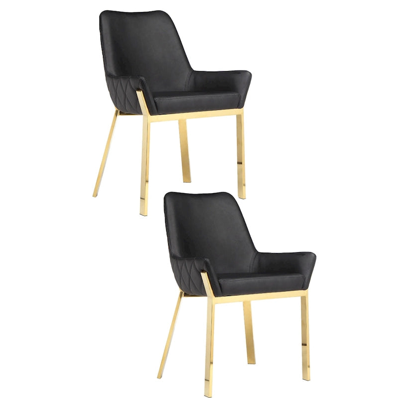23 Inch Dining Accent Chair Set of 2, Tufted, Black Faux Leather, Gold