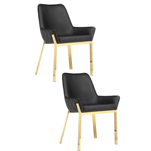 23 Inch Dining Accent Chair Set of 2, Tufted, Black Faux Leather, Gold