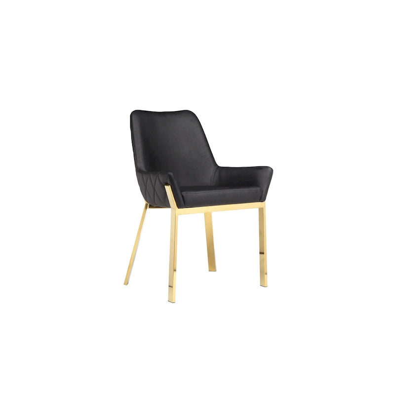 23 Inch Dining Accent Chair Set of 2, Tufted, Black Faux Leather, Gold