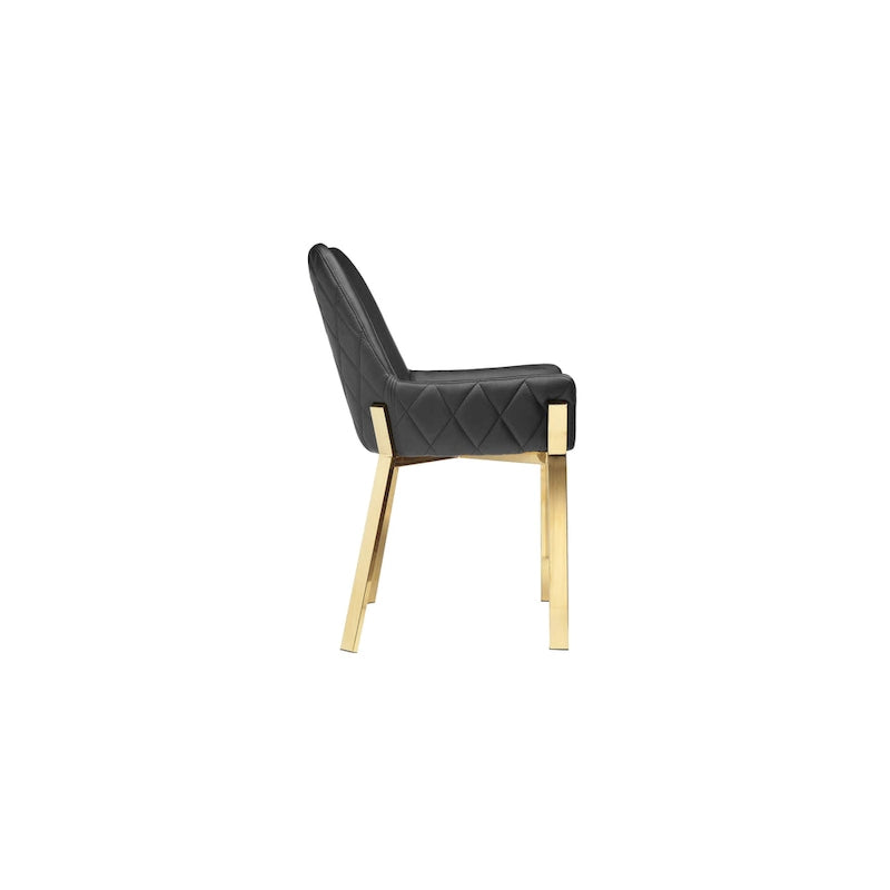 23 Inch Dining Accent Chair Set of 2, Tufted, Black Faux Leather, Gold