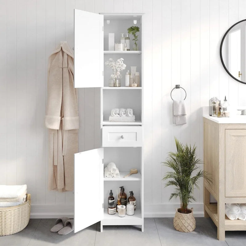 Farmhouse Freestanding Linen Tower with Shelves, Drawer, and Doors