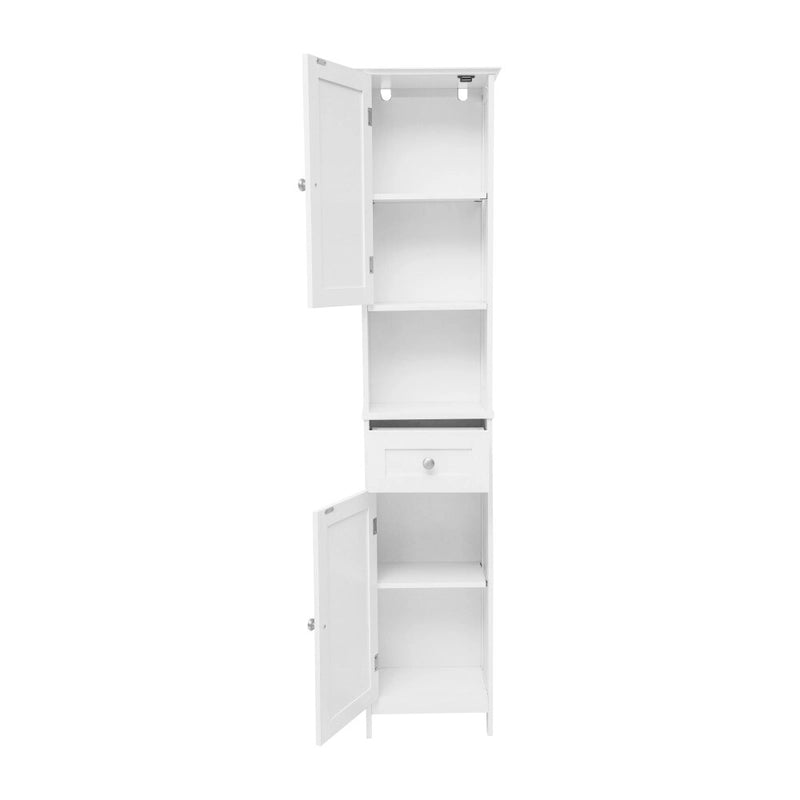 Farmhouse Freestanding Linen Tower with Shelves, Drawer, and Doors