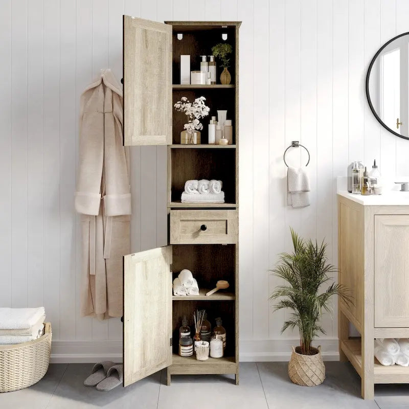 Farmhouse Freestanding Linen Tower with Shelves, Drawer, and Doors