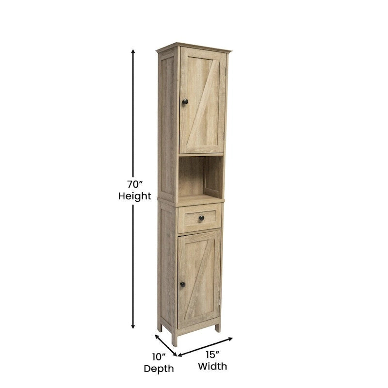 Farmhouse Freestanding Linen Tower with Shelves, Drawer, and Doors