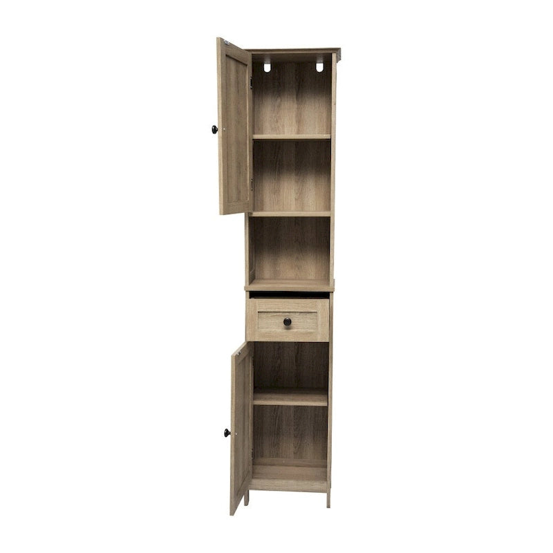 Farmhouse Freestanding Linen Tower with Shelves, Drawer, and Doors